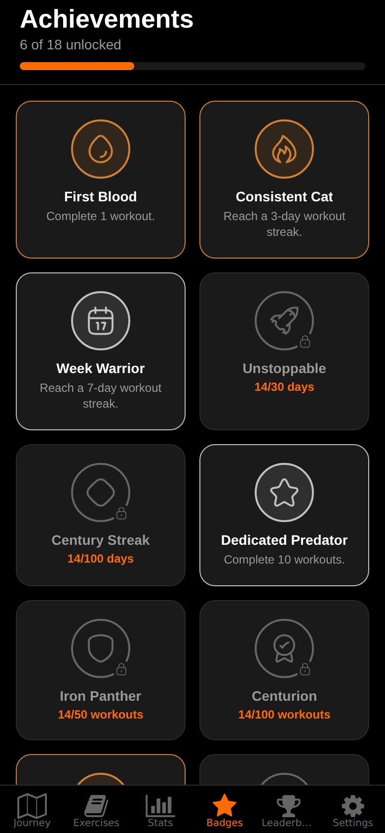 The CaliPanther achievements screen with unlocked and locked badges.