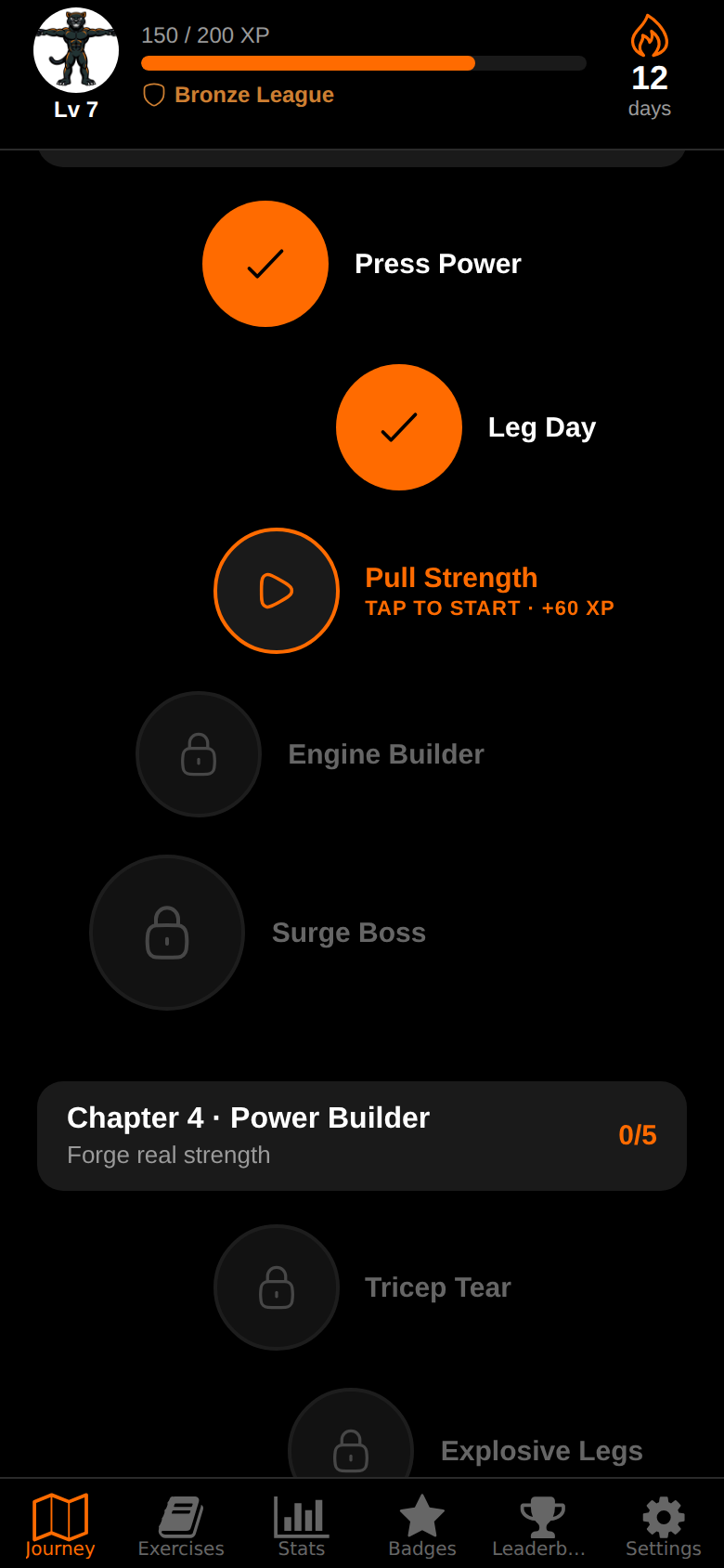The CaliPanther journey map: completed workouts marked with a check, the next workout ready to start, later chapters locked.